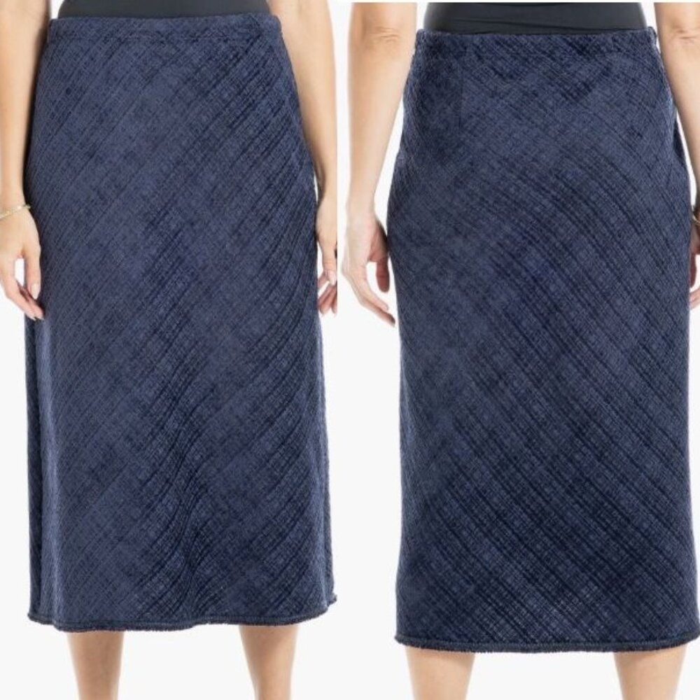 MAX STUDIO Frayed Edge soft Tweed Midi Skirt S/Small NAVY blue bias $128 NEW